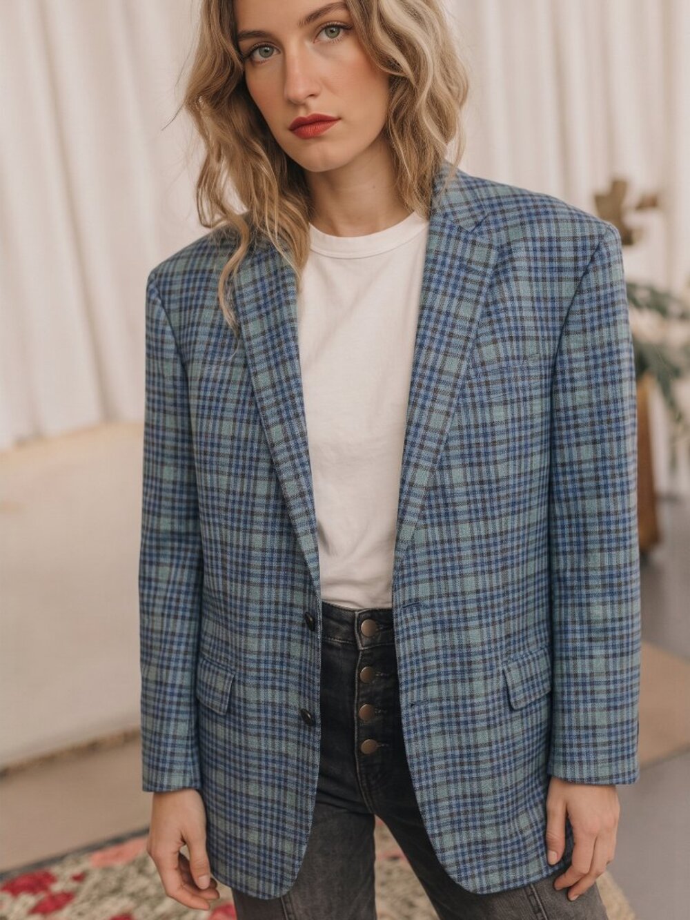 Jack Victor Carlo Barbera Wool Silk Plaid Blazer | Oversized Boyfriend Style